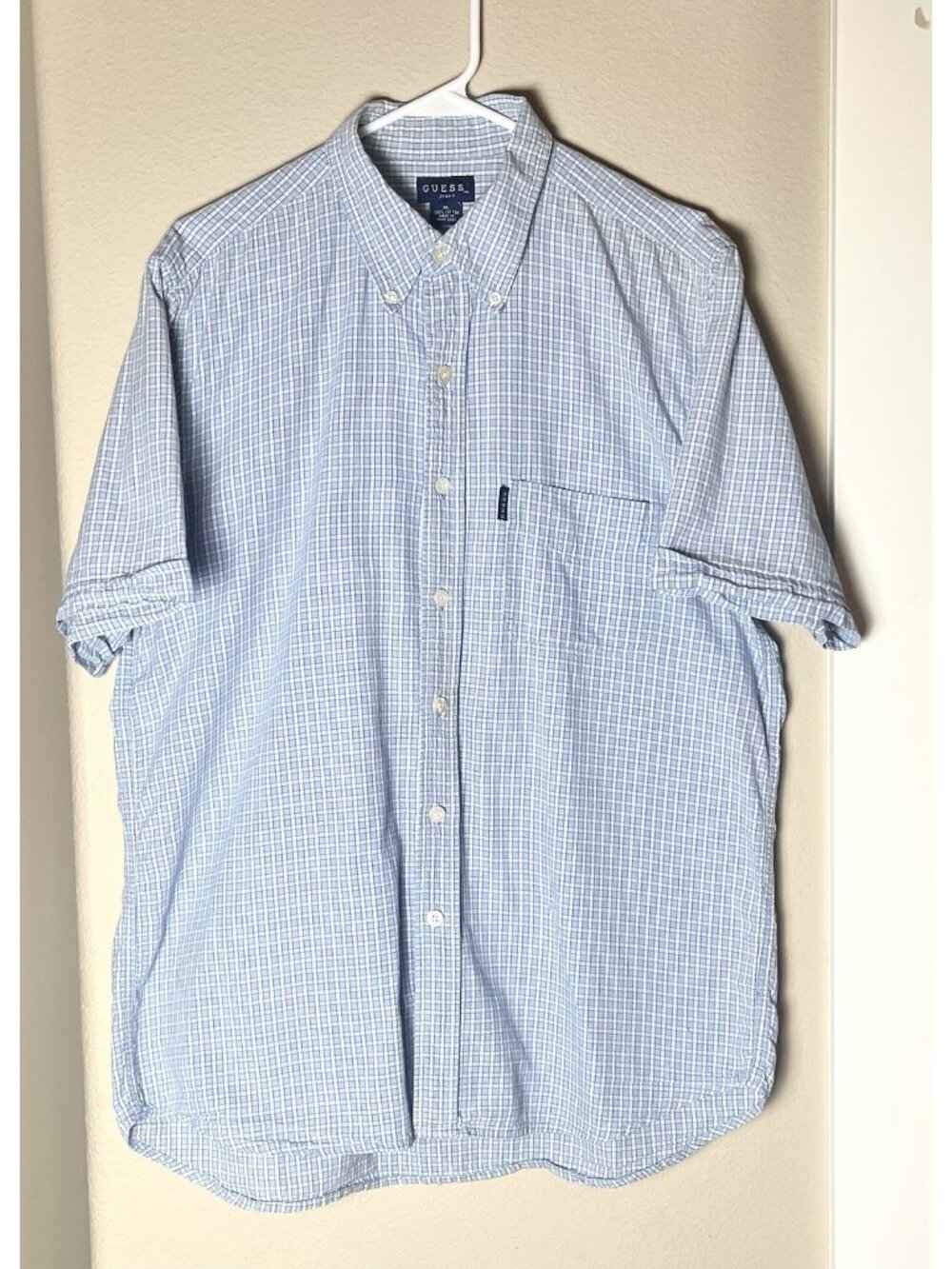 Vintage GUESS Jeans Men's XL Plaid Shirt Light Blue Gingham Short Sleeve 90s